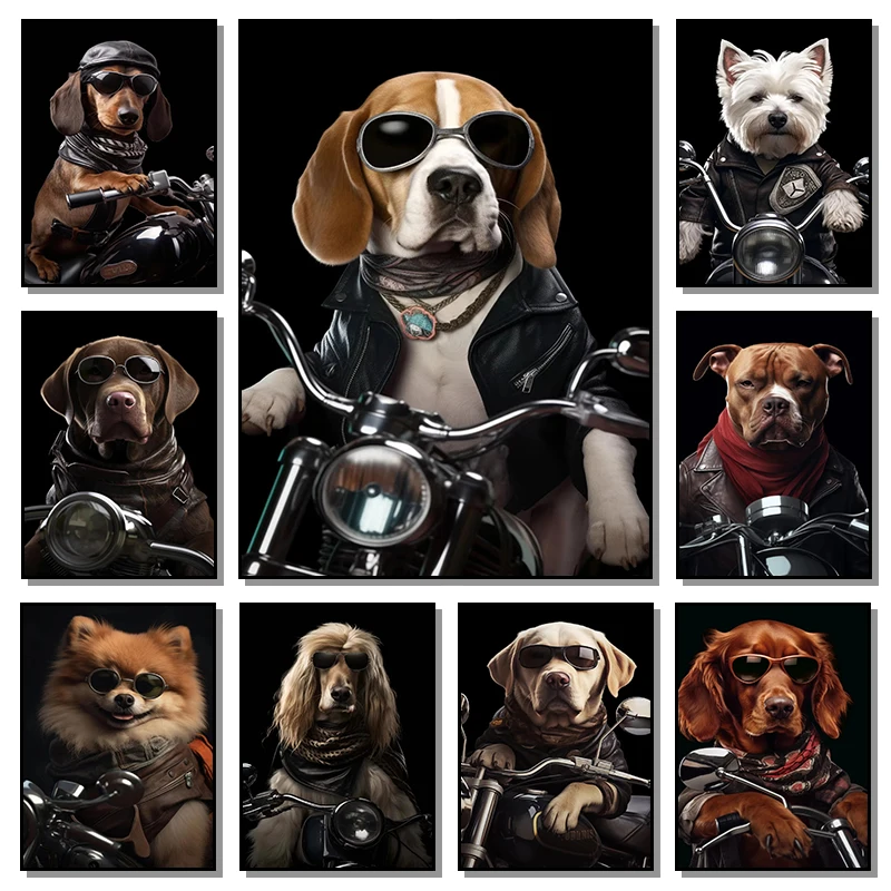 Funny Dog Cat Riding a Motorcycle Cool Posters Nordic Wall Pictures Canvas Painting And Prints For Living Room Wall Art Unfra