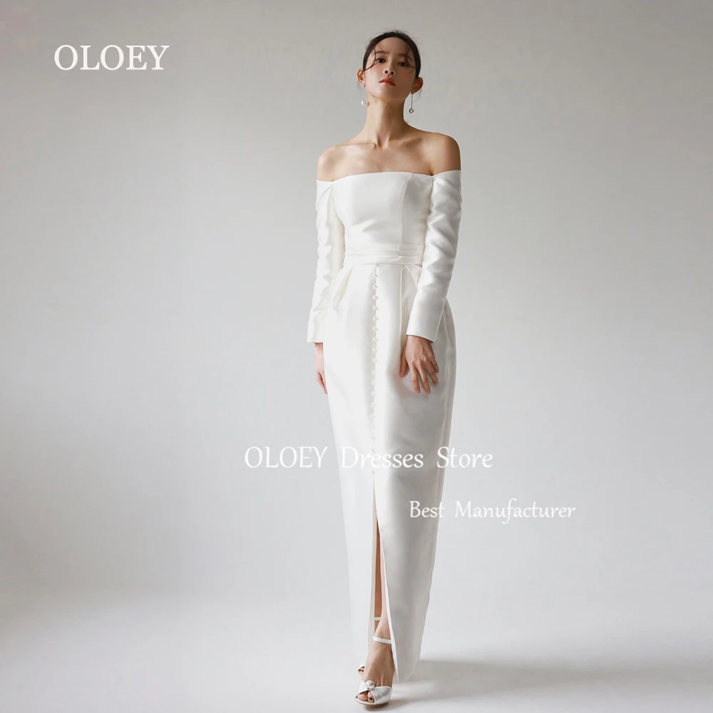 

OLOEY Elegant Ivory Mermaid Wedding Dress Korea Photoshoot Off Shoulder Long Bridal Gown Pleats Silky Taffeta Corset Back Custom