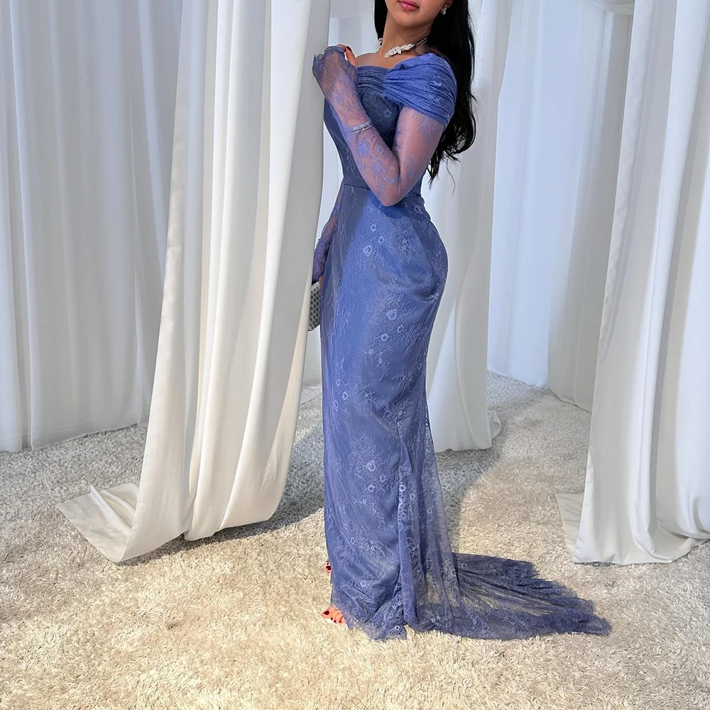 

Customized Off the Shoulder Lace Mermaid Evening Dress ILLUSION Full Sleeves Sweep Train Party Dress Floor Length Prom Gown