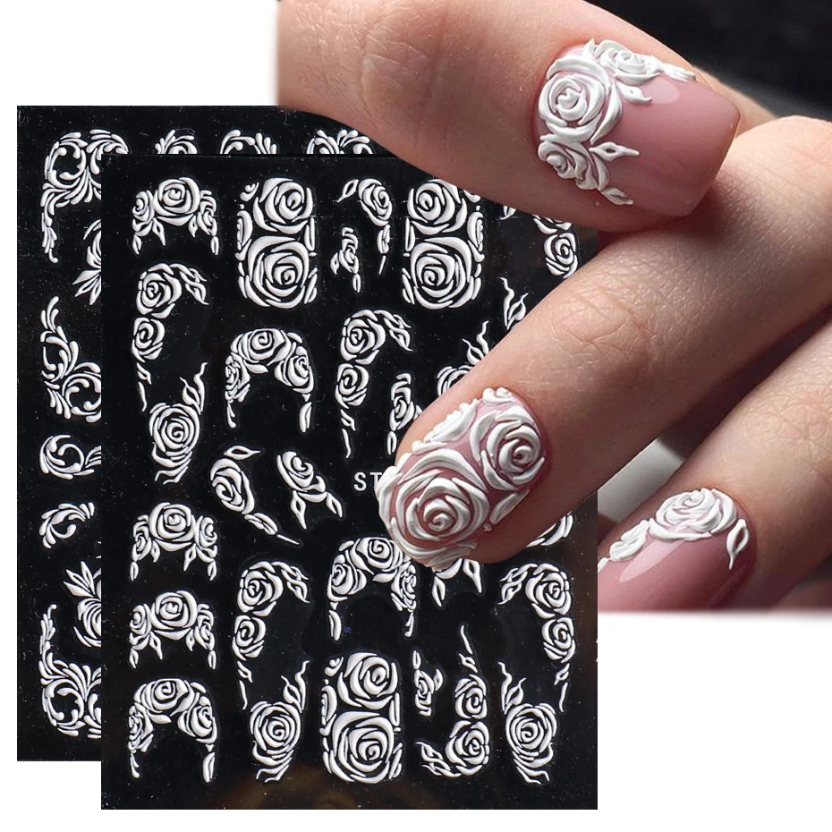 5D acryl reliëf stickers voor nagels besneeuwde witte bloem kant nail art sliders decoratie gesneden stickers manicure tips BESTZ-5D