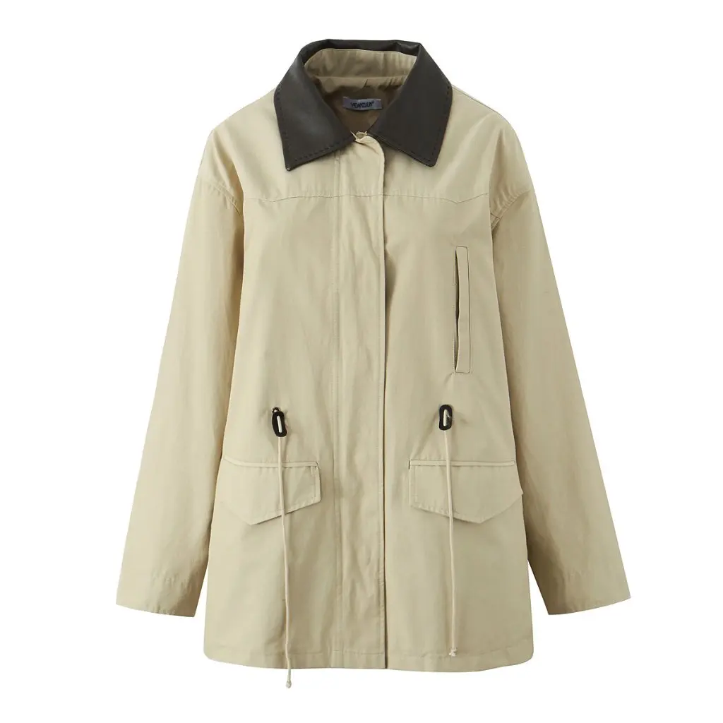 

Women's Color-block Lapel Coat Korean Style Drawstring Waist Casual Loose Fit New Hot Girl American Windbreaker