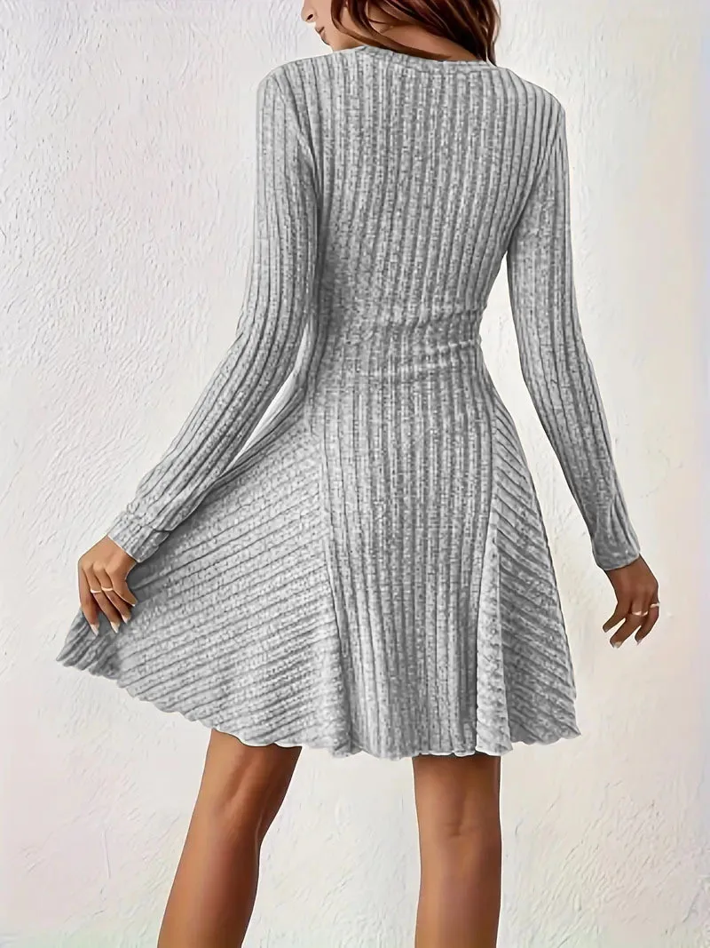 Elegante bodycon korte jurk V-hals gebreide jurk - Swing mini-jurk met lange mouwen