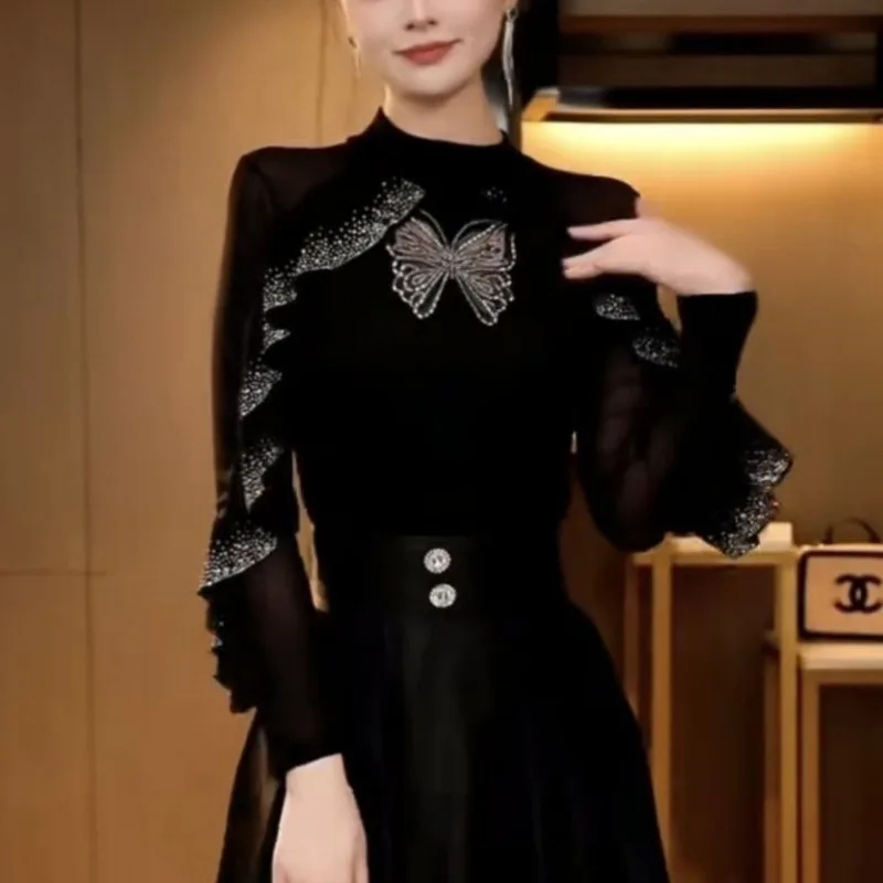 الموضة الجديدة العصرية شبكة تكدرت حجر الراين الأعلى بأكمام طويلة تي شيرت المرأة قاع قميص الرقص الأعلى