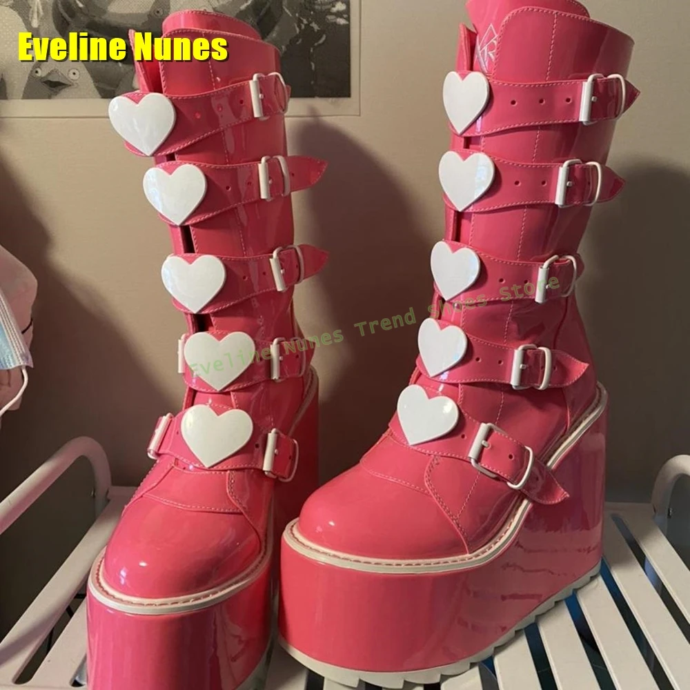 Pink Strawberry Button Platform Boots Round Toe Wedge Thick Sole Y2K Street Style Couple Knee High Boots 2025 Autumn Shoes Trend view 4