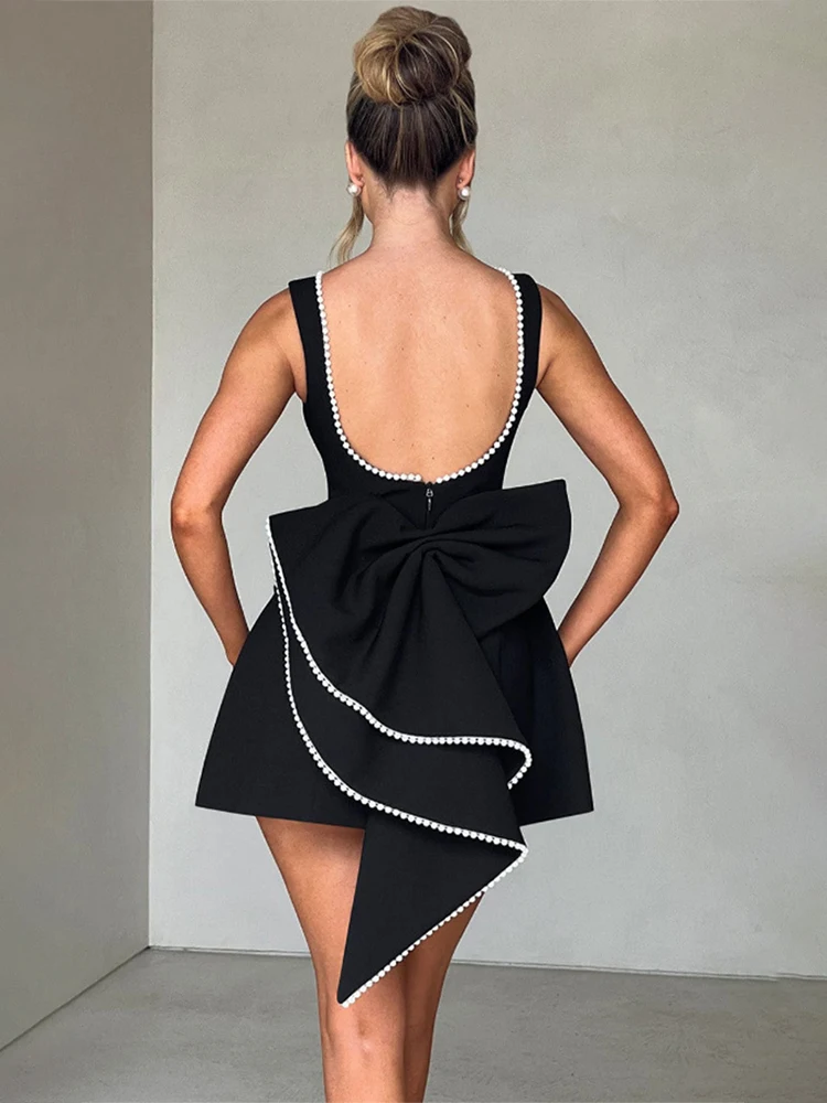 

Trendix Pearl Bow Backless Mini Dress Women Hollow Out Sleeveless Sexy Bodycon A-Line Dresses Party Club Elegant Evening Dress