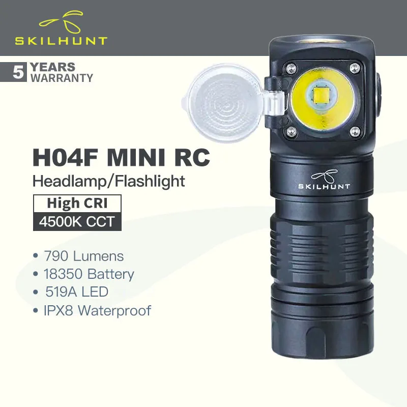 Skilhunt H04F MINI RC (High CRI Version) 2 In 1 Flashlight/Headlamp 18350 Battery, 790 Lumens, Spot/Flood Light Easy Change