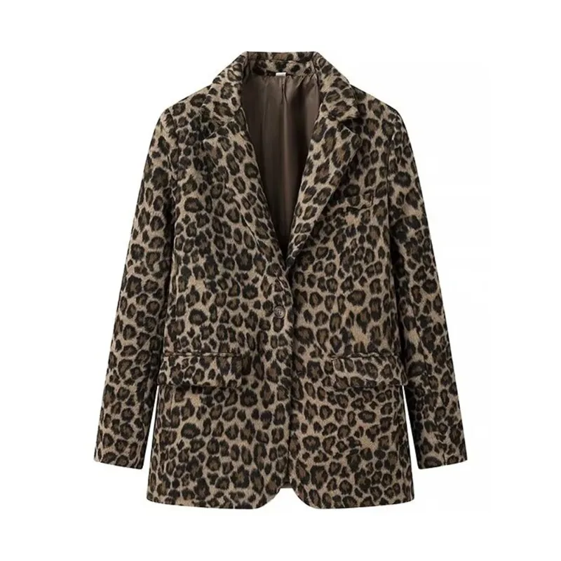 

2026 Spring New Women's Leopard Blazers Notched Collar Vintage Fashion Coats Female Suit Jackets Single Breasted Outerwear