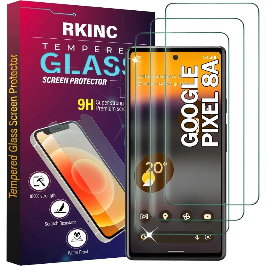 Proteggi schermo RKINC [Confezione da 3] per Google Pixel 8A Pellicola salvaschermo in vetro temperato 0,3 m [Garanzia a vita][BubbleFree][Ant