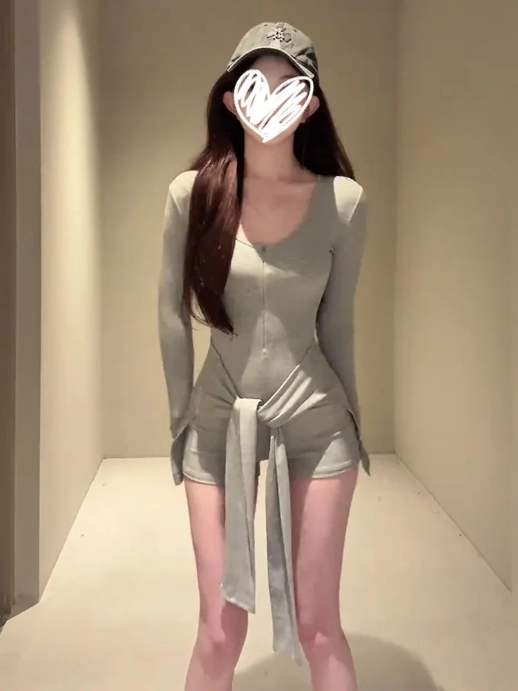 Ele V-Ne Long Sve Onesie Women's Outerwear Autumn Winter New Sle Waist-Bound ort Pants Two-Piece Set High Waist ...