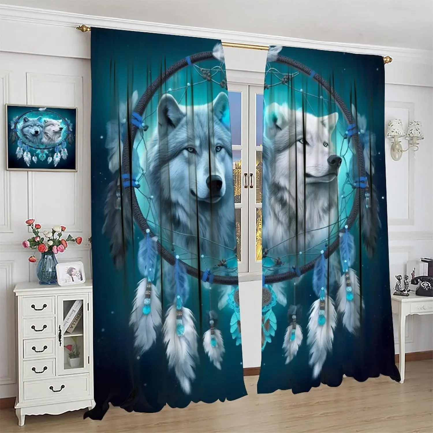 

Плотные оконные шторы с волком, фэнтезийное перо, серый и белый волк, декор с узором «Ловец снов», изолирующие карманные шторы для стержней