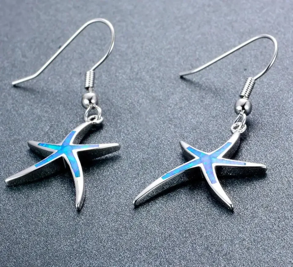 Personality Cute Starfish Blue Imitation Fire Opal Drop Dangle Hook Earrings Womens Summer Beach Custom Jewelry