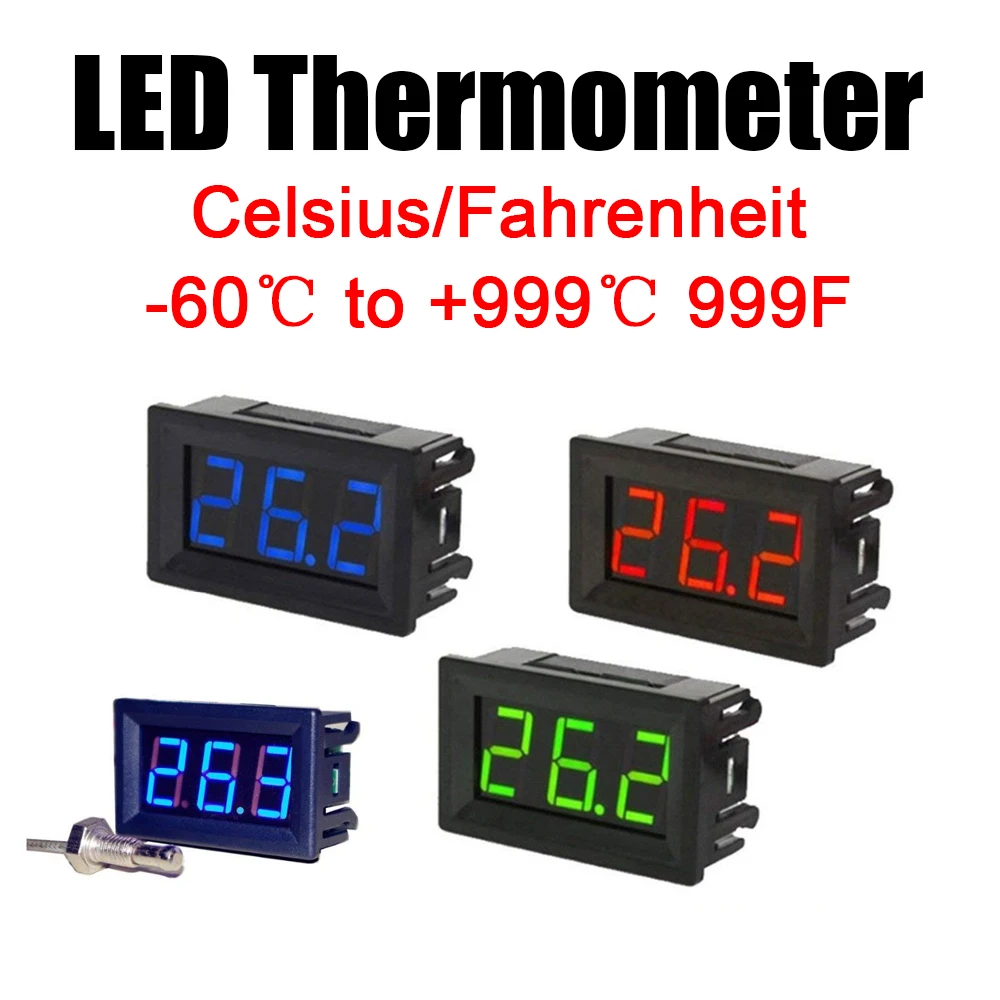 K-type thermocouple Temperature Digital LED Thermometer Meter High precision Celsius / Fahrenheit -60C -+999C 999F 12v 24v 