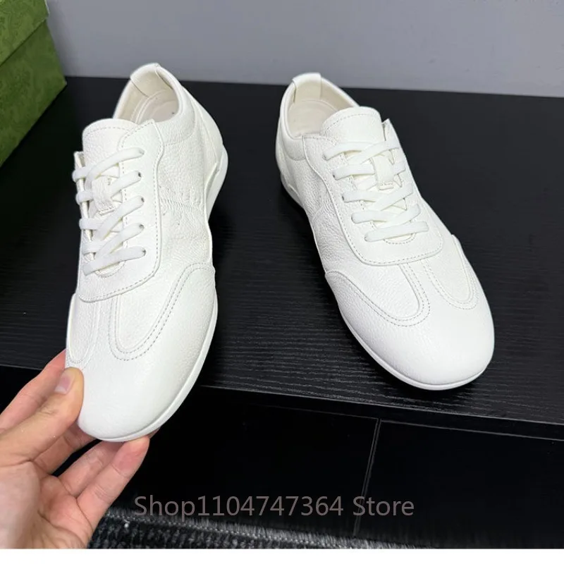 Vintage White Genuine Leather Sneakers Soft Flat Sole Lace Up Casual Shoes Men's Stitching Lightweight Walking Training Shoes