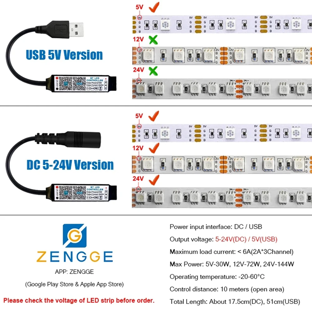 BluetoothとUSBを備えたミニLEDストリップライトコントローラー,音楽と互換性のあるリモート制御アプリケーション,電力5050,24キー,DC 5v,12v,24v