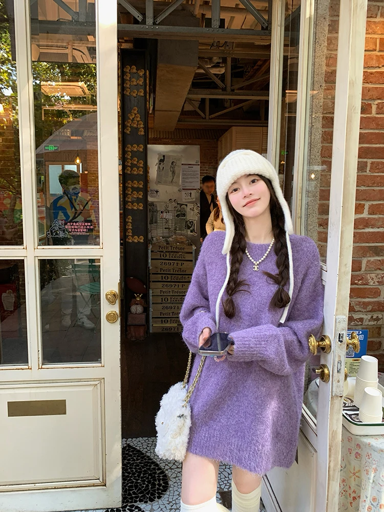 

Женский фиолетовый свитер Chen DaYu: осенне-зимний, утепленный, средней длины, свободный, прикрывающий бедра, теплый, с длинными рукавами