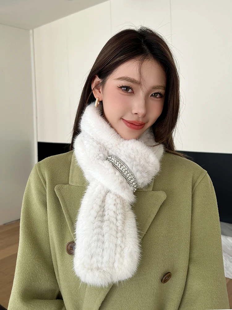 

Women Winter Warm Mink Fur Scarf Thicken Soft Plush Cross Knitted Scarf Real Mink Fur Ring Scarves Neck Warmer Fur Neckerchief