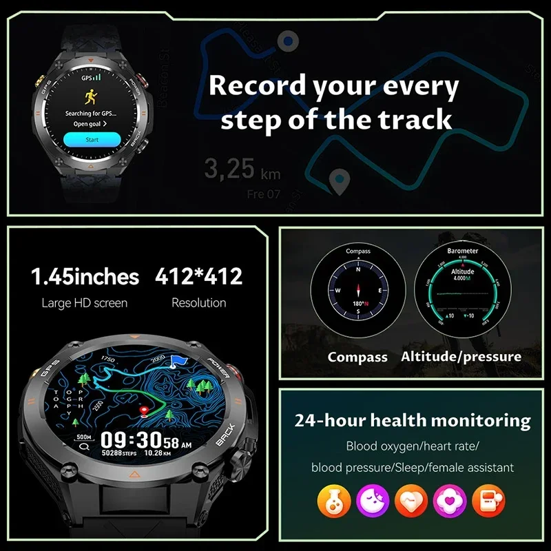 GPS inteligentny zegarek sportowy kompas latarka na zewnątrz 1ATM wodoodporny zegarek 412*412 AMOLED połączenie Bluetooth asystent głosowy Smartwatch