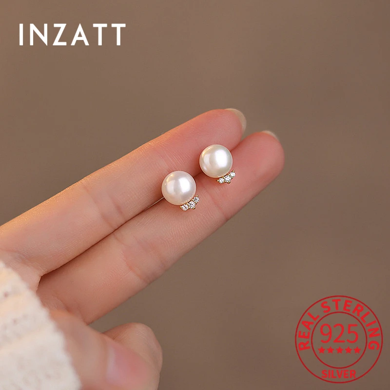 

INZATT Real 925 Sterling Silver Pearl Zircon CZ Stud Earrings for Women Retro Light Luxury French Style Fine Jewelry