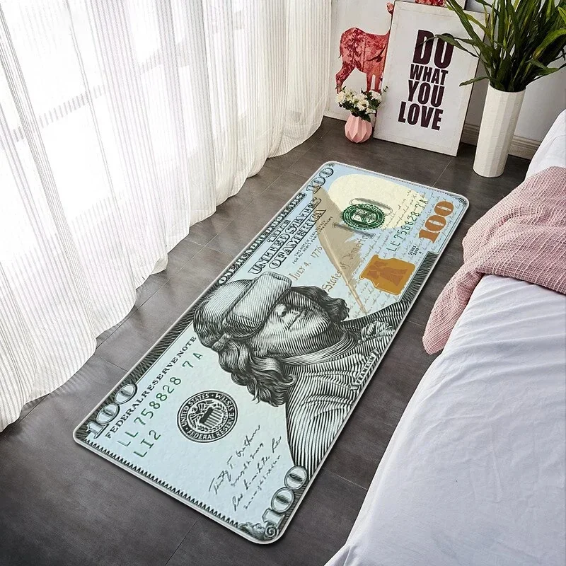 Creative 100 Dollar Bill Print Runner Rug Non‑Slip Soft Flannel Floor Mat Vintage Money Pattern Area Rug for Bedroom Living Room