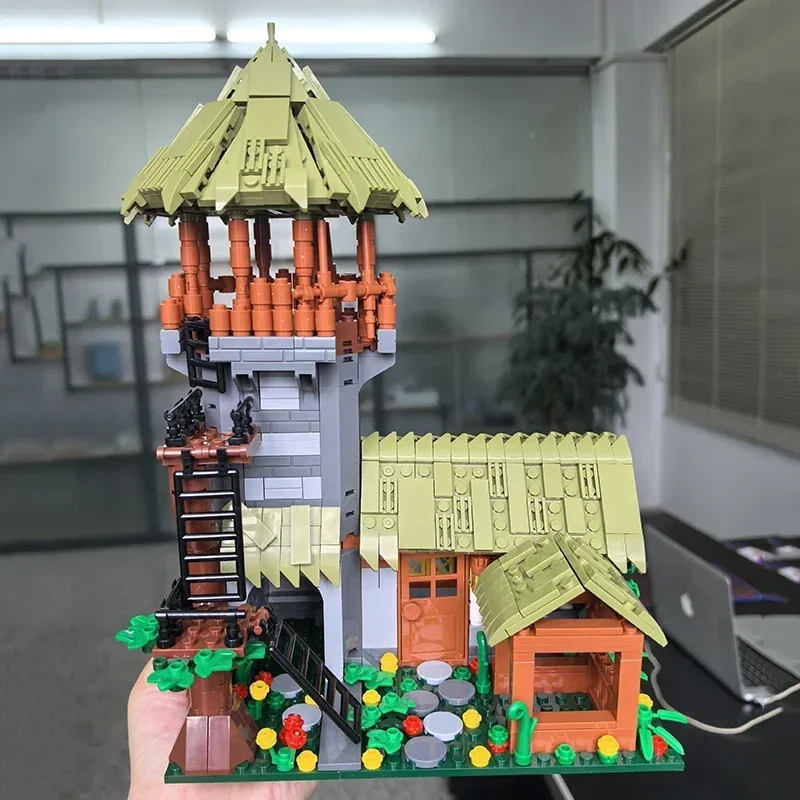 Średniowieczny Dom Warsztat Łucznika Klocki Konstrukcyjne Model Architektoniczny Chata z Dachem z Trawy Chatka z Drewna Zestaw Klocków Zabawki Prezent Dla Dziecka