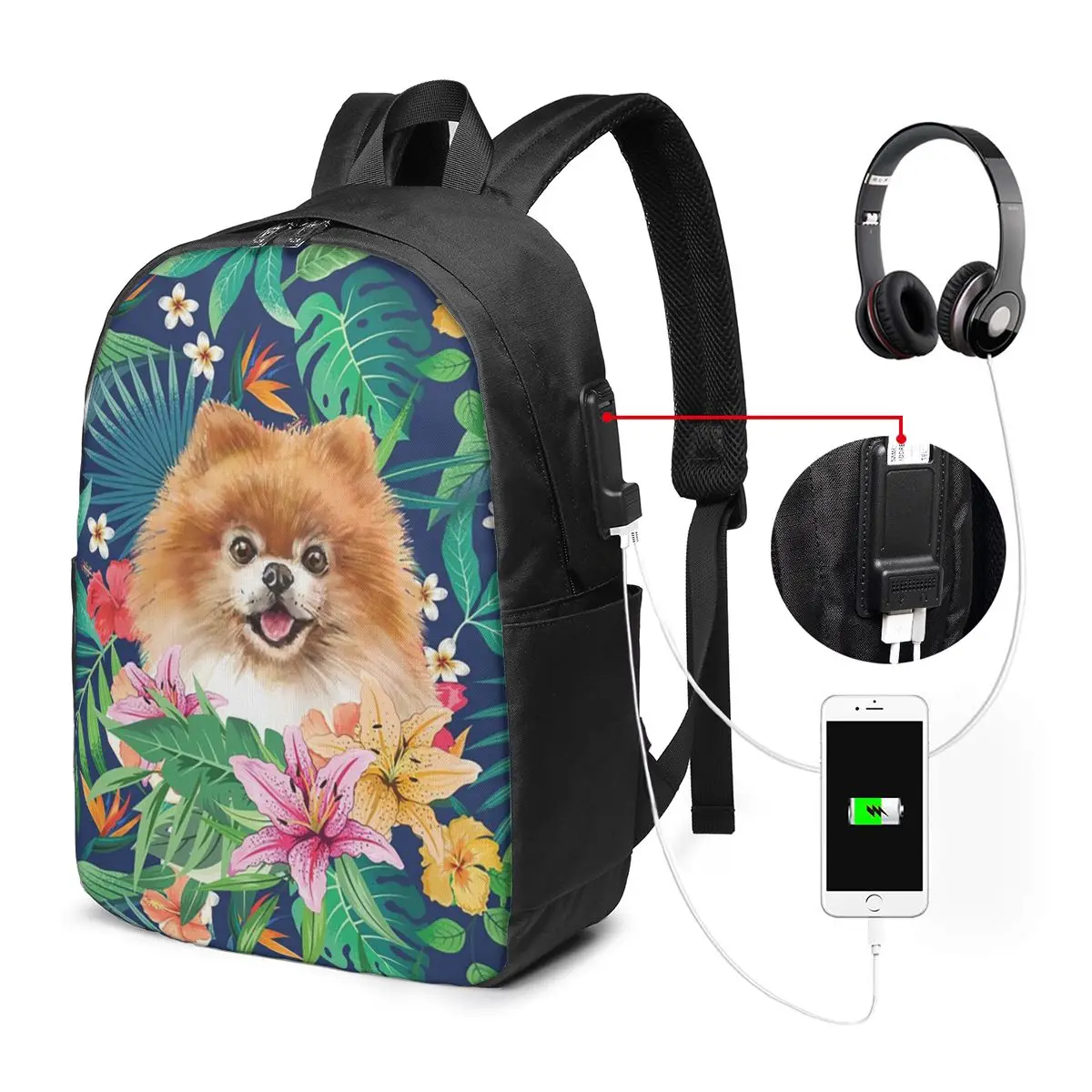 Pomeranians Dog Among Flowers Pattern Backpack Travel Notebook Bag Computer College Student School Bag Laptop Shoulder Bags