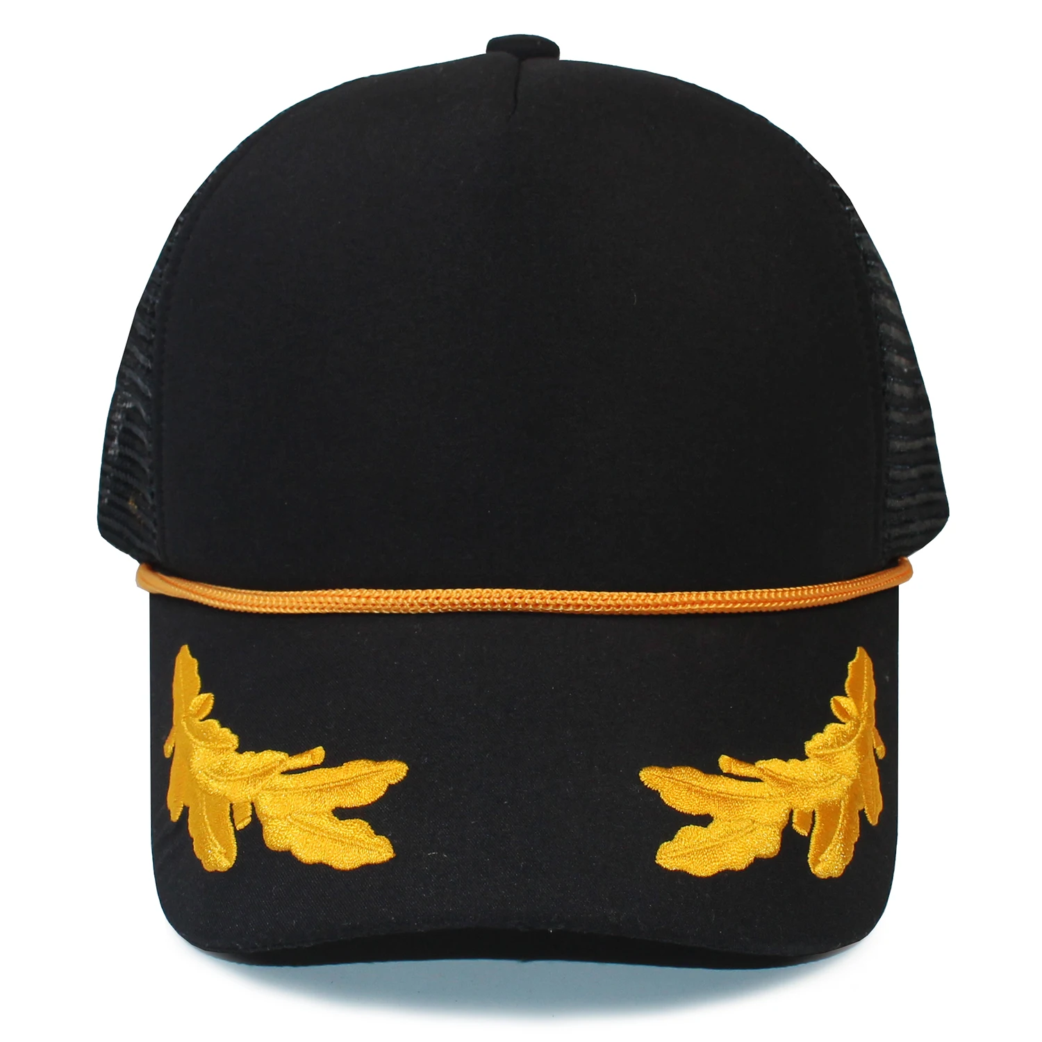 Oak Leaves Mesh Cap-Black Gold Polyester Foam Front  5 Panel Mesh Back Trucker Hat