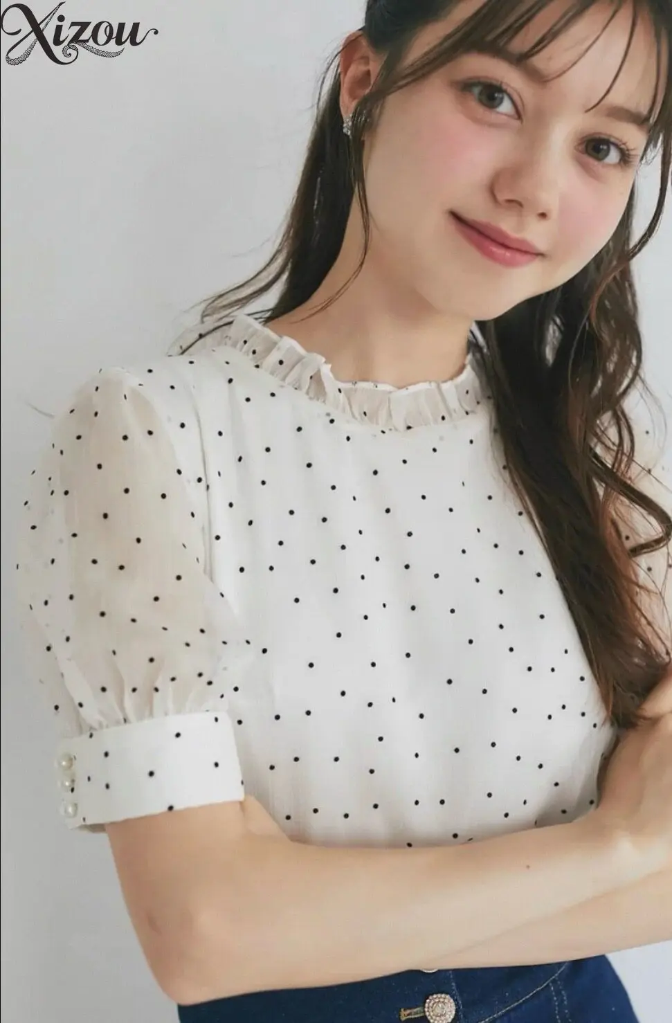 Women Polka Dot Chiffon Blouse Ruffle Stand Collar Puff Short Sleeve Pearl Button Cuff Elegant Sweet Office Casual Summer Top