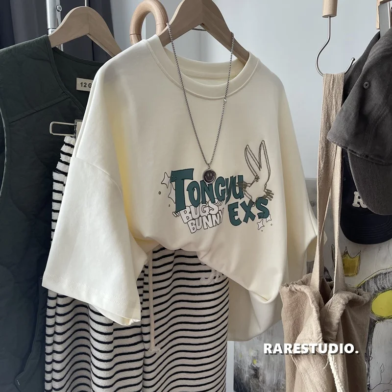 

Женская летняя футболка оверсайз из хлопка с вышивкой кролика и буквенным принтом, модная, больших размеров