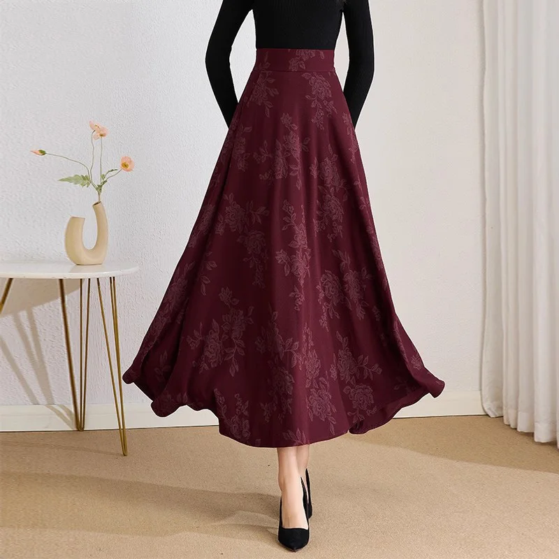 New Women Autumn Thick Floral Skirt Fashion Stretch High Waist A-Line Print Long Skirt Elegant Vintage Basic Skirt Female