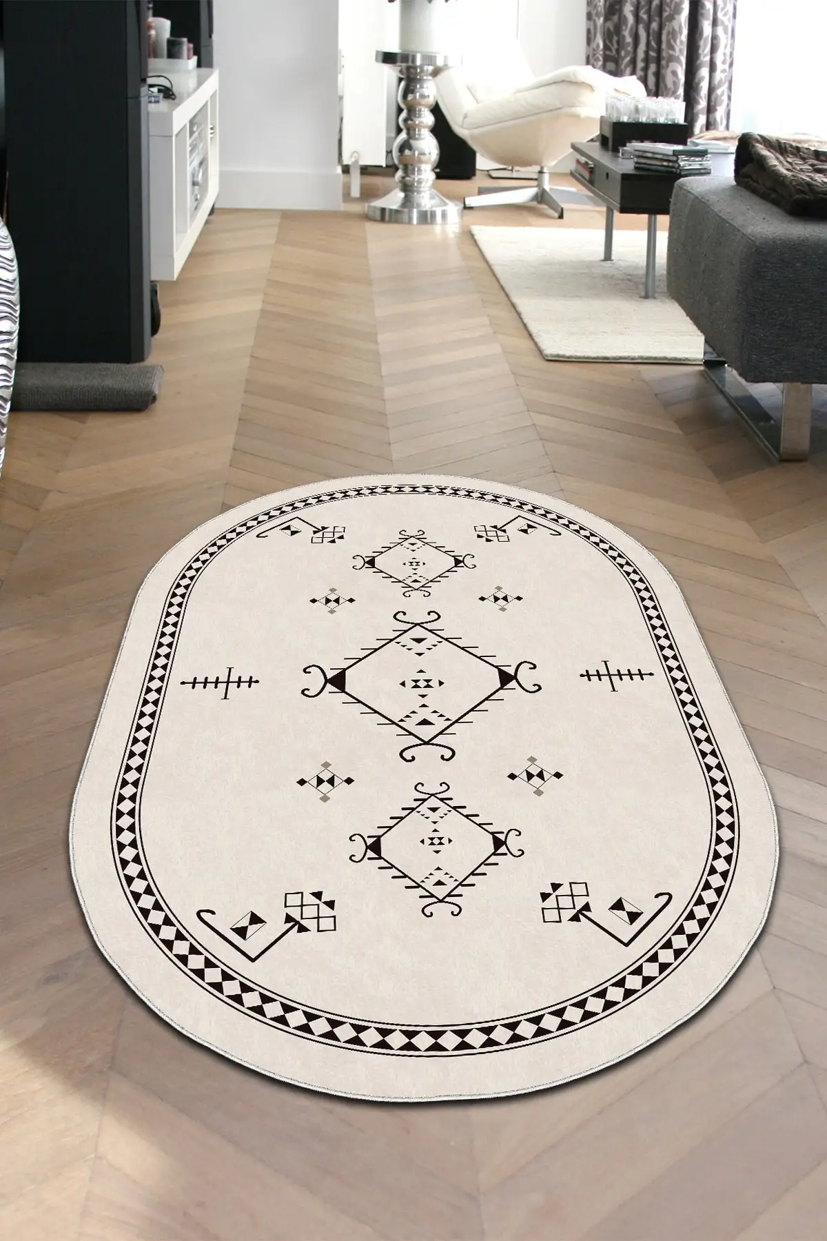 

DOLBOVI digital printing non-slip floor machine washable Oval carpet, geometric patterned cream carpet, yoluk-624