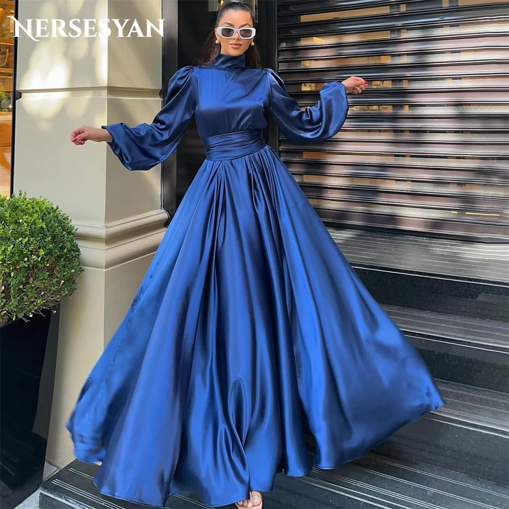 

Nersesyan Solid Satin Evening Dresses High Neck A-Line Long Puff Sleeves Formal Prom Dress Bridesmaid Party Gowns For Wedding