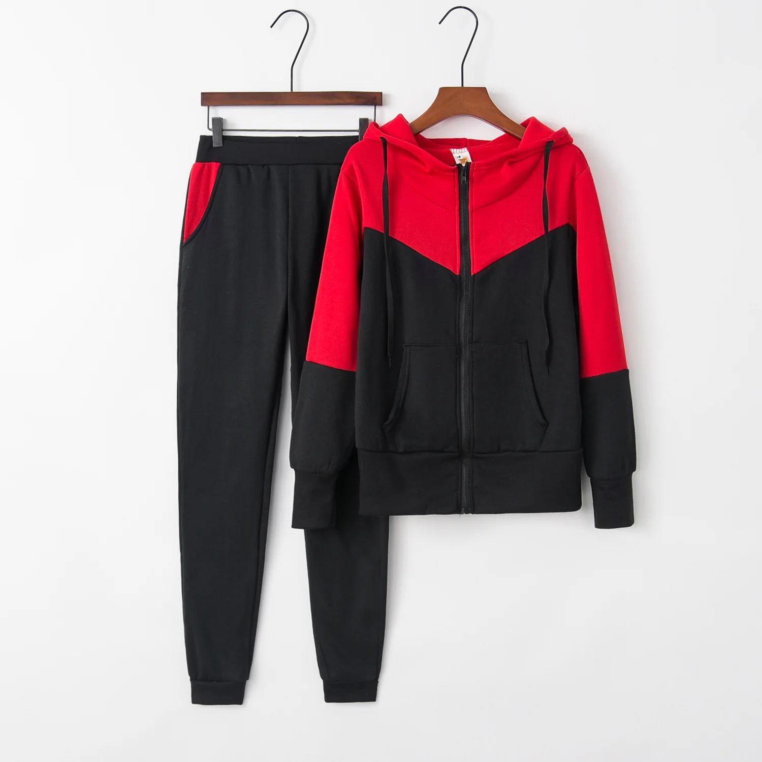 Two Piece Pant Sets Women Hooded Zipper Thick Coats Pockets Full Sleeved Sweatshirts Elastic Waist Trousers Suits Autumn