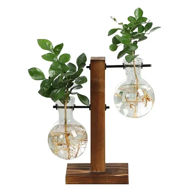 Terrarium Vasevase Decoration Home Bonsai Flower Plant Vases Vintage Flower Pot Transparent Wooden Frame Glass Tabletop Plants