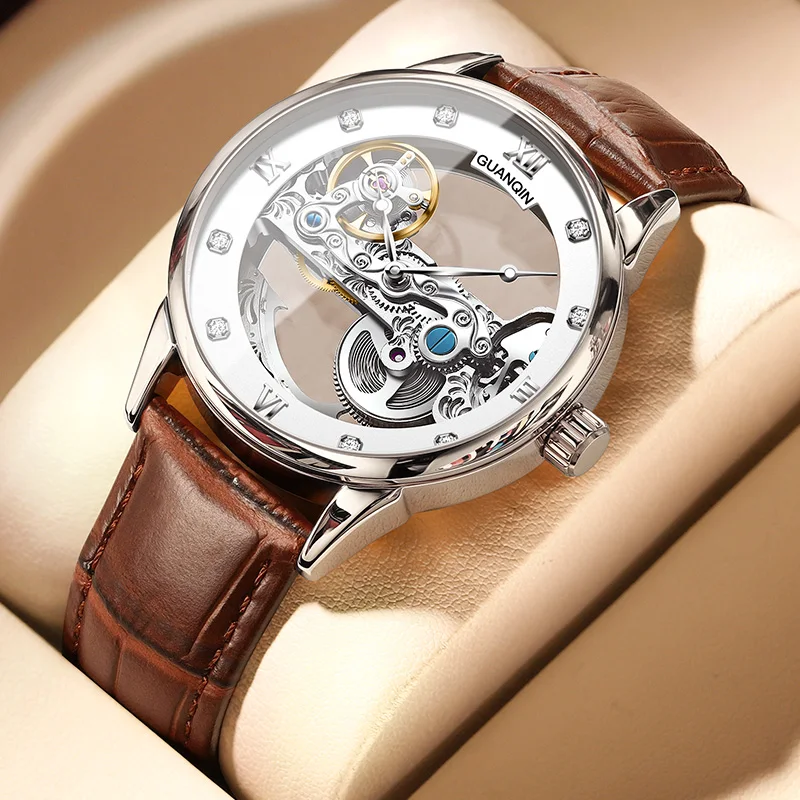 

Мужские механические часы GUANQIN, роскошные оригинальные автоматические часы со скелетом высокой четкости, стальные, для бизнеса, отдыха, 30 м, водонепроницаемые