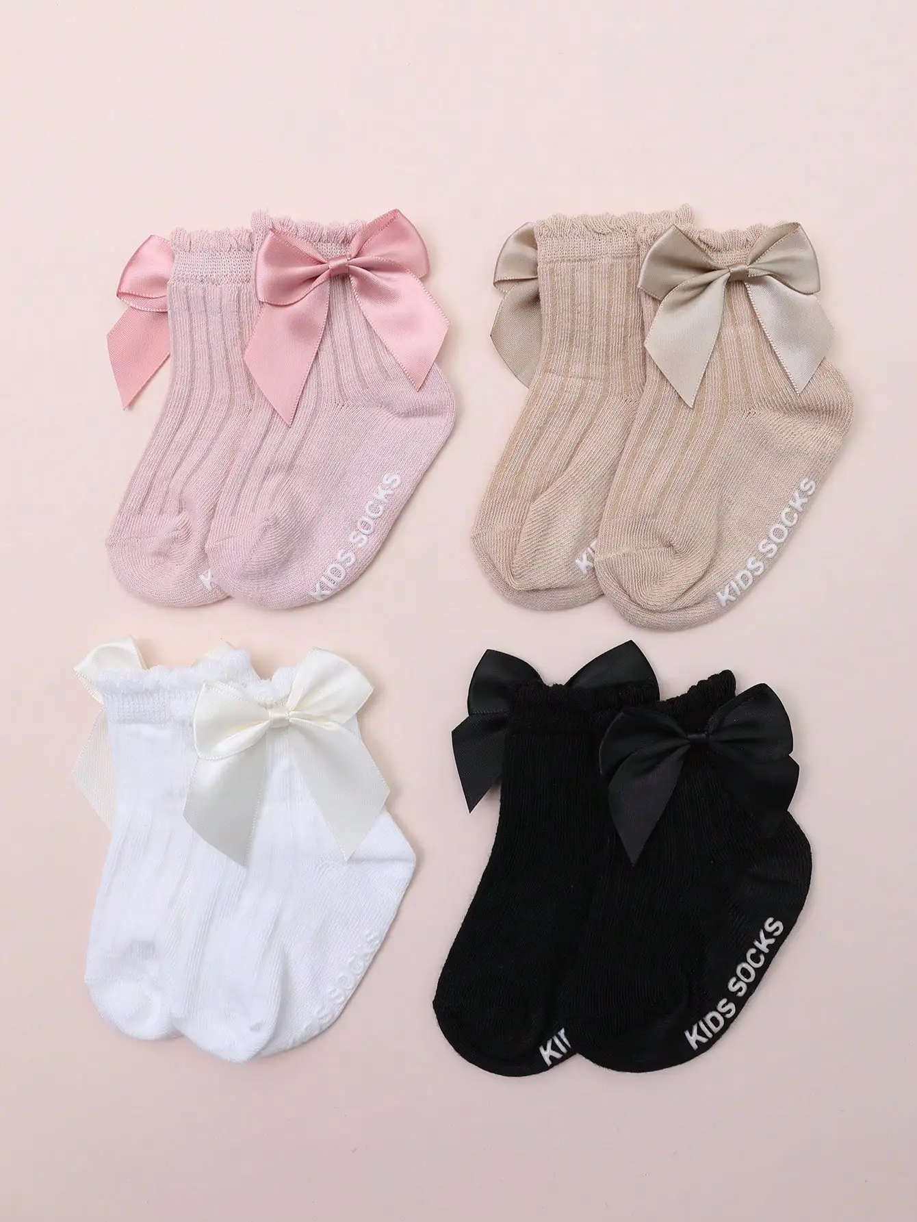4Pairs 0-3Y Infant Girls Bow Ankle Socks Solid Cable Knit Soft Elastic Breathable Baby Socks Spring Daily Matching Accessory