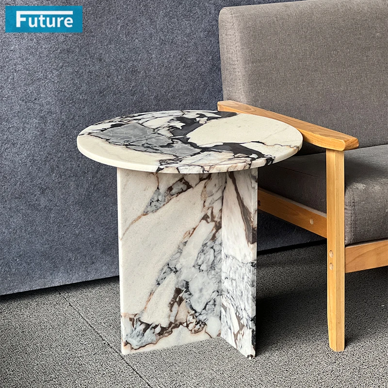 Luxury Modern Design Round Top Elephant White Marble Side Tea End Table with Low Plinth for Livingroom Bedroom Outdoor Decor