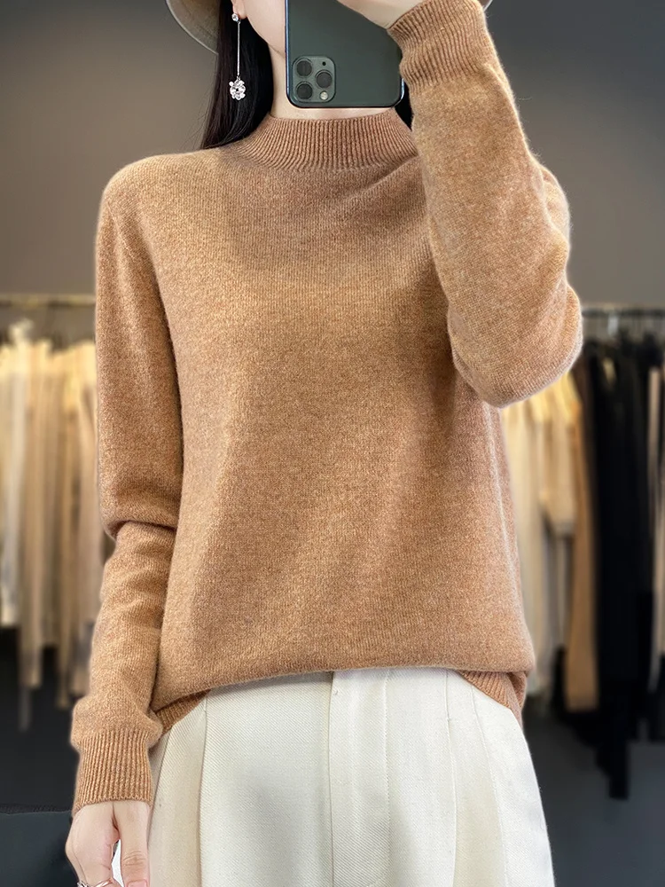 Autumn Winter Women's Basic Mock-neck Pullover Sweater 100% Merino Wool Solid Long Sleeves Cashmere Knitwear Female Clothing