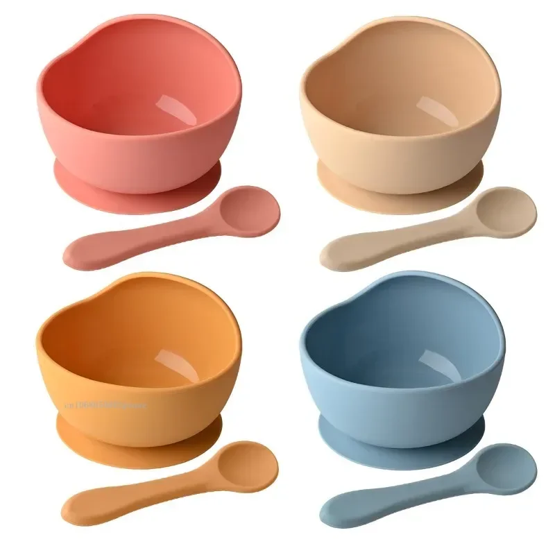 

Baby Silicone Feeding Bowl Children's Anti-drop Suction Cup Bowl Waterproof Baby Feeding Tableware Spoon Fork Infant Tableware