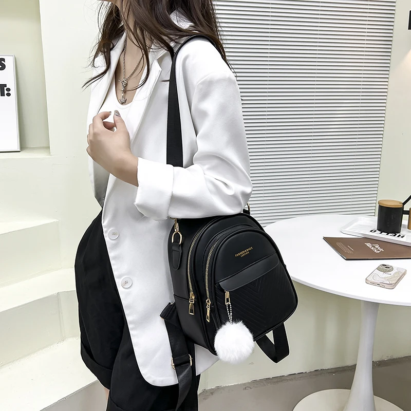 Three-layer Zipper Women\'s Backpack Fashion Hair Ball Pendant Girl Student School Bags Solid Color Casual Travel Ladies Backpack