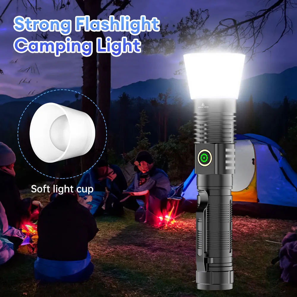 30W LED Flashlight Outdoor Rechargeable Electric Torch Ultra Bright Zoomable Flashlight With 5-color Lens for Camping Fishing