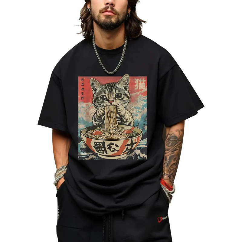 Kawaii Cat Ramen Anime T Shirt men women Oversized 100% Cotton Hot sale short sleeve Summer print  FASHION Unisex plus size tops