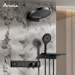 Sistema doccia a parete di lusso in ottone nero Design a parete Acqua calda e fredda Display digitale a LED Miscelatore da bagno a 3 funzioni