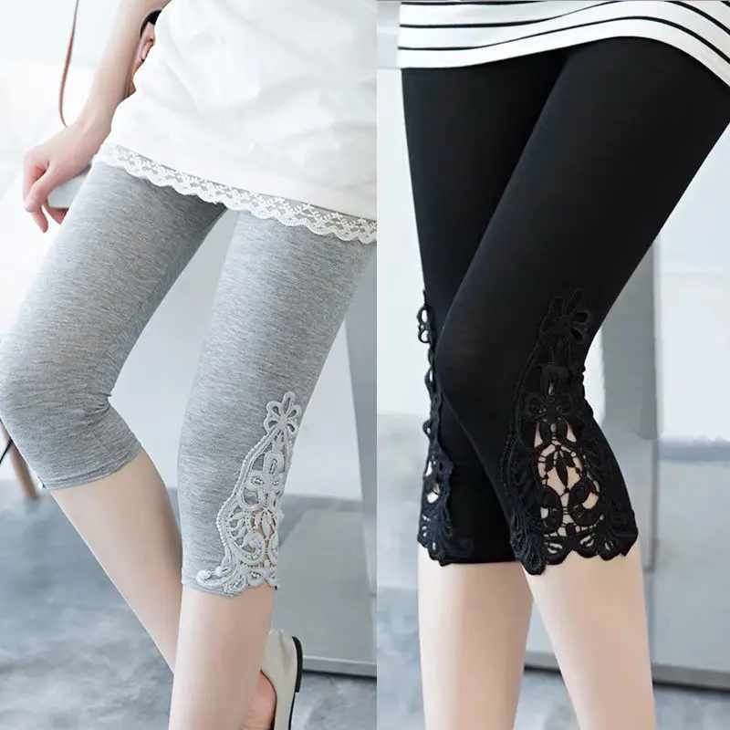 Damskie letnie Hollow koronkowe elastyczne legginsy Fitness sportowy spodnie obcisłe Crop legginsy o długości 3/4 Capris przycięte modalne spodnie