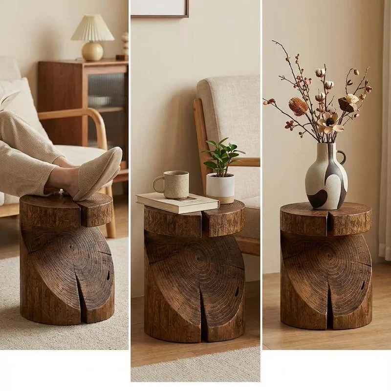 Natural Solid Wood Carved Log Stool Rustic Pier Edge Design for Living Room Entryway Shoe Change Tea Table Decor