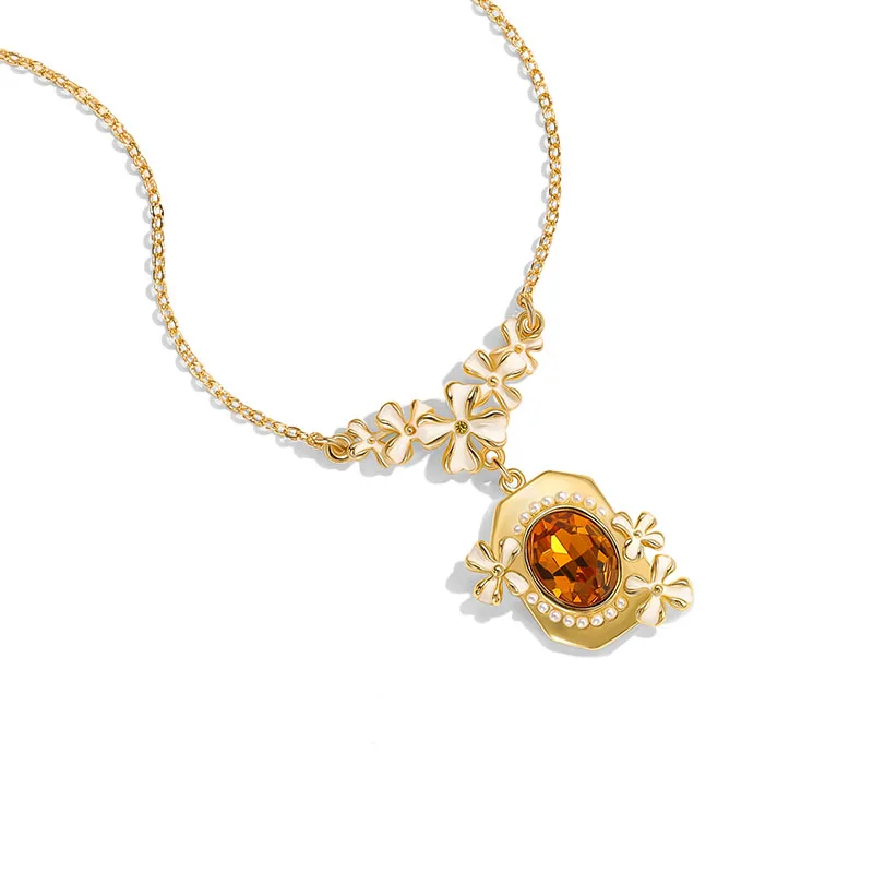 Juicy Grape Handmade Enamel Vintage Osmanthus Boho Necklace Gold Plated Floral Gemstone Pendant Jewelry Gift for Women