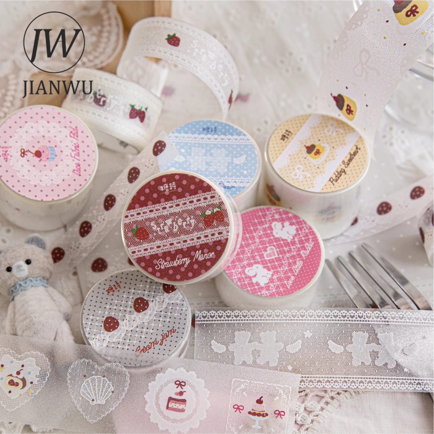 JIANWU Handmade Lace Series Vintage Lace Strawberry Cake Landscape Material Collage PET Tape Creative DIY Journal Stationery