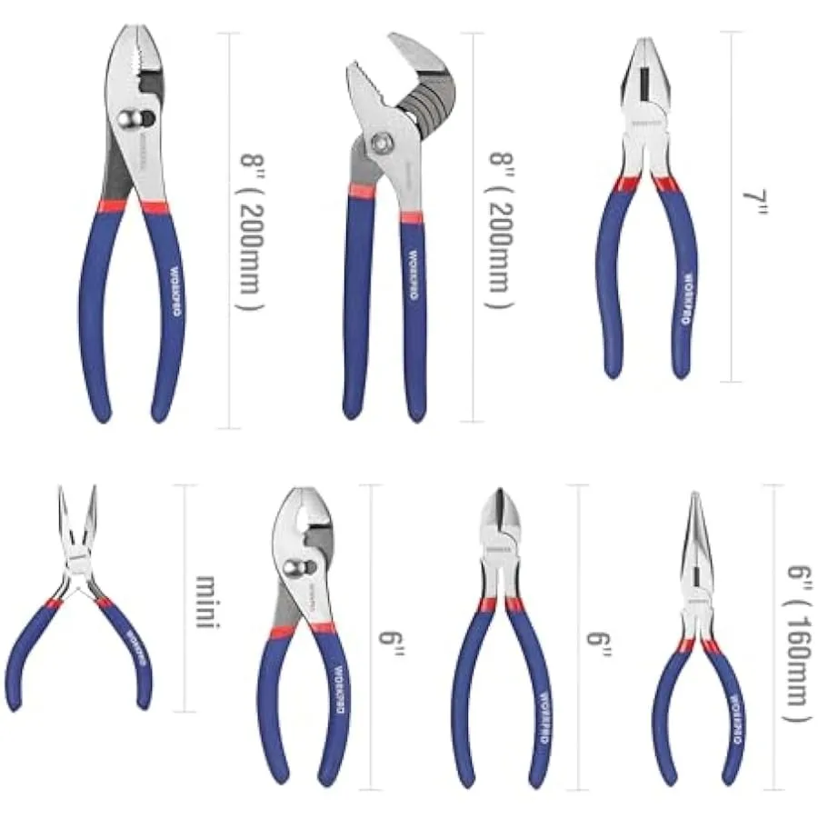 7-piece WORKPRO Pliers Set with Groove Joint Long Nose Slip Joint Linesman and Diagonal Pliers for DIY and Home Use