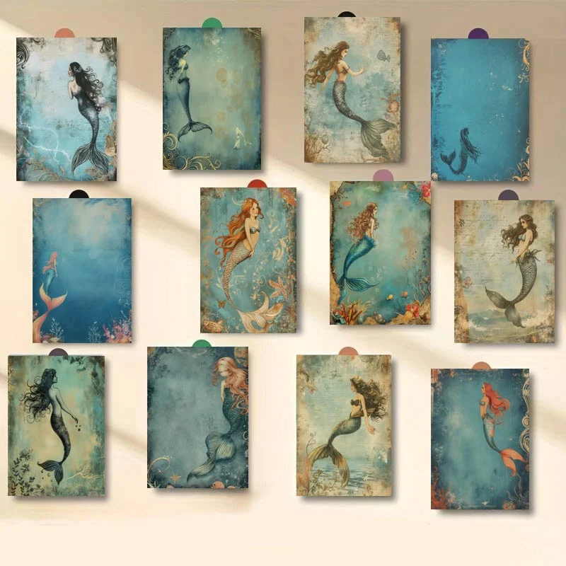 20PCS Ocean Retro Mermaid Series Postcards, Suitable for Scrapbooks and Handmade, Decorative Art Scrapbook Consumables