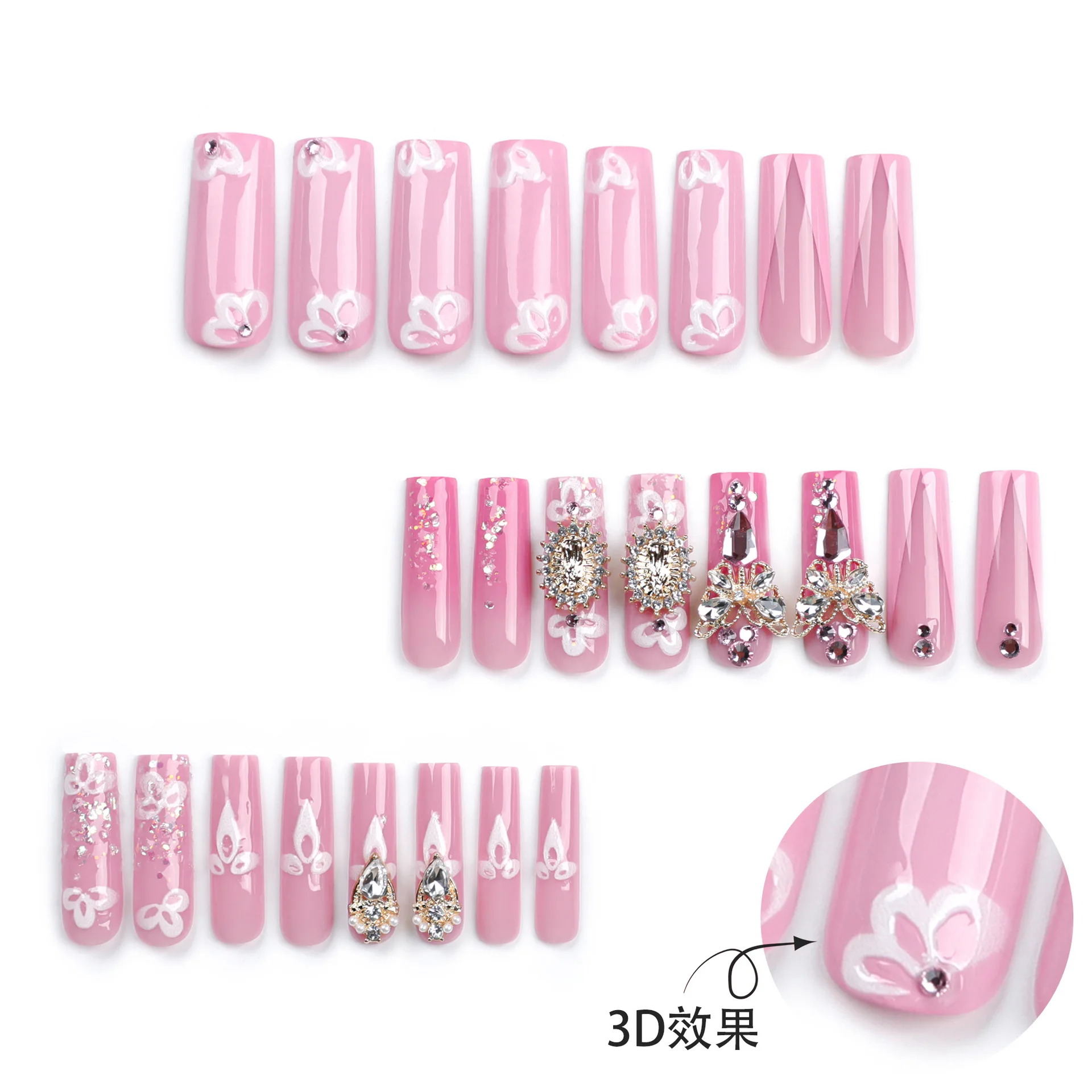 24Pcs Press-on Nail Long Casket for Women 3D Butterfly Flower Rhinestones Claw 3D Diamond Flower Nail for Women