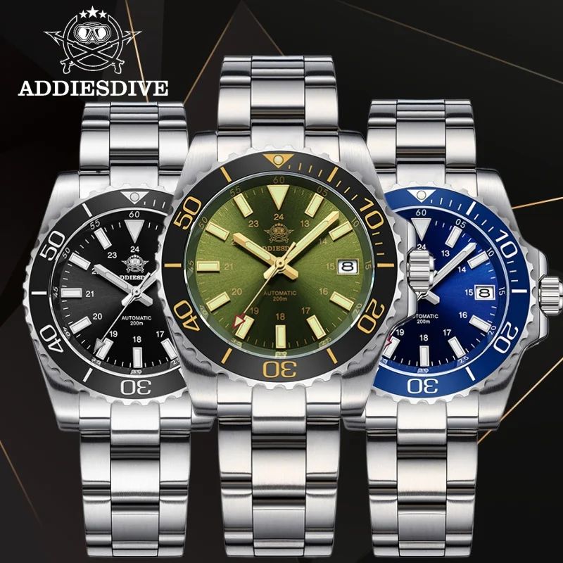 ADDIESDIVE Мужские часы 20 бар Водонепроницаемое керамическое кольцо Светящееся нержавеющая сталь 316L Сапфировое стекло НОВЫЕ автоматические механические часы